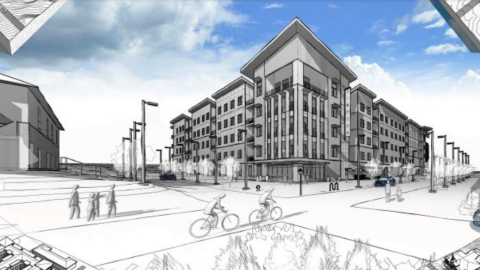 A rendering of a new affordable housing complex under blue skies with clouds.
