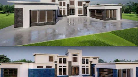 A rendering showing a huge modern house under cloudy sunny skies in Atlanta. 