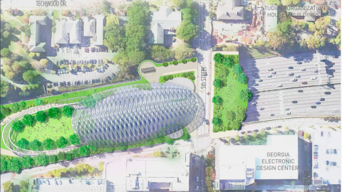 A rendering of a huge new greenspace in Atlanta over a wide highway with many trees and water area for visitors. 