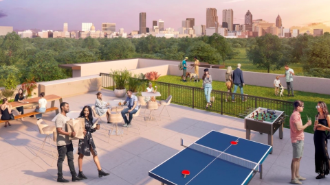 A rendering of a large apartment building with amenities on the roof with large streets in front and a large city in the distance.