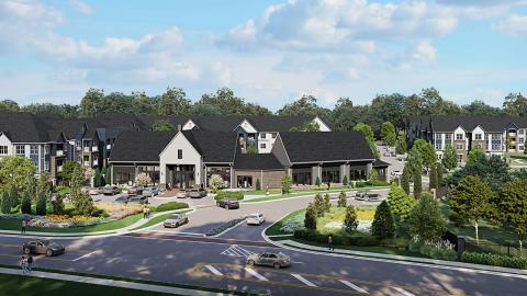 A rendering showing a new apartment community with many amenities under a blue sky with many trees around.