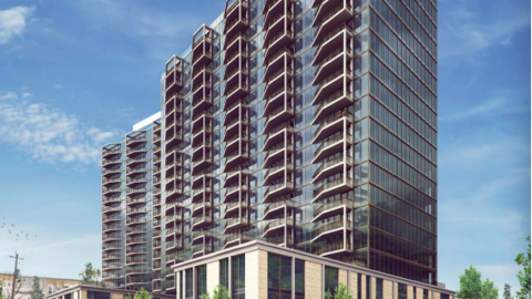 A rendering of a glassy new tower in Atlanta under blue skies. 