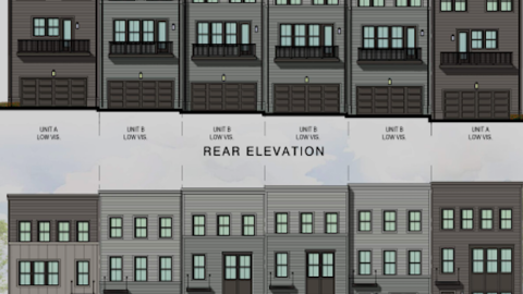 A plan showing where 59 brown and gray townhomes would be built on Atlanta's southside near the airport.