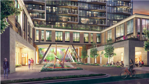 A rendering showing a motorcourt at the base of a new glassy tower in Atlanta.