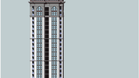 An image of a classical high-rise apartment tower on a blue backdrop. 