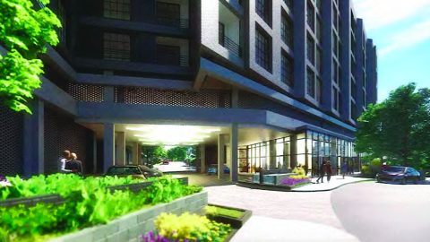 A rendering of a large black-gray building under blue skies with trees at the base and modern windows.