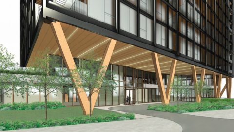 A rendering showing a large black and wood building on a white backdrop.