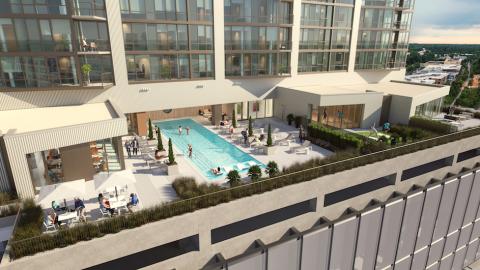 An image showing a large new apartment tower under blue skies with white interiors and a large pool area with rooftop gardens. 