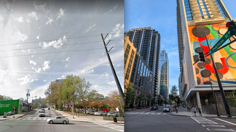 A photo of a lot of tall glassy buildings under blue skies in Atlanta, next to wide streets.