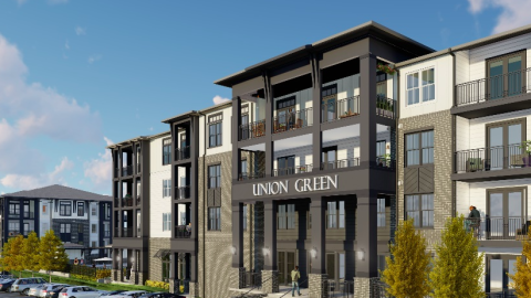 A rendering of a white and brown apartment complex with brick and stucco under blue skies next to a pool. 