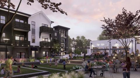 A rendering showing a large mixed-use development in gray and white under pink skies in Atlanta near many trees.
