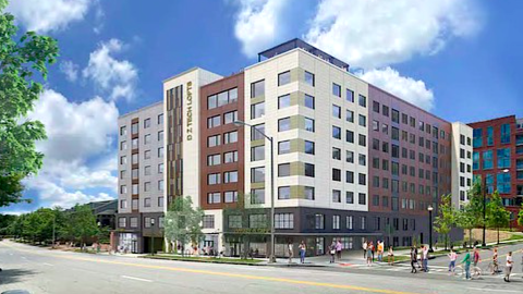 A rendering showing a white and brown building under blue skies near a wide street in Atlanta.