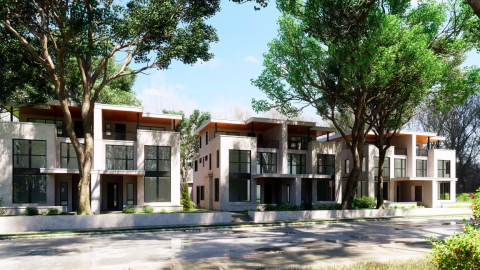 An image depicting plans for a row of white modern duplexes with large balconies and rooftop spaces. 