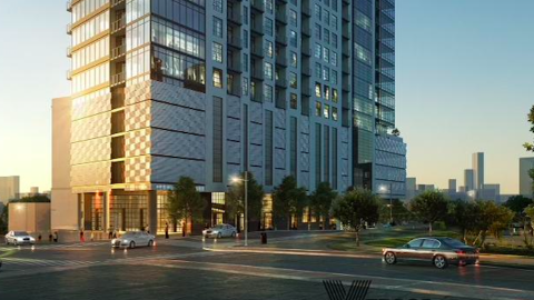 A rendering of a tall glassy building on top of a parking podium near a busy intersection. 