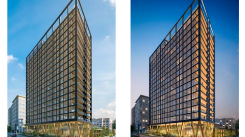 A rendering of a tall black and wood tower under blue skies in Atlanta. 