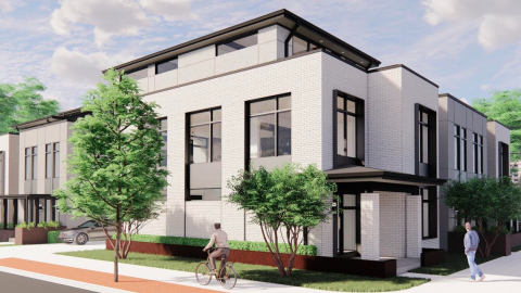 A rendering showing a row of modern new homes made of brick and glass with small trees in front. 