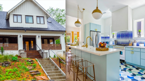 A white bungalow home in Midtown Atlanta with a wildly colorful interior with white ceilings and blue and green tiles.