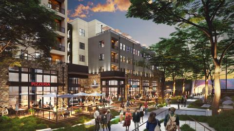 A rendering of a row of retail uses in a new large building along a wide concrete trail. 