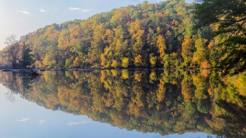 A shutterstock photo of a calm river under blue skies with autumn colors on a hill.