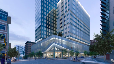 A render of two tall glassy buildings on busy urban streets with a large social space at the bottom.