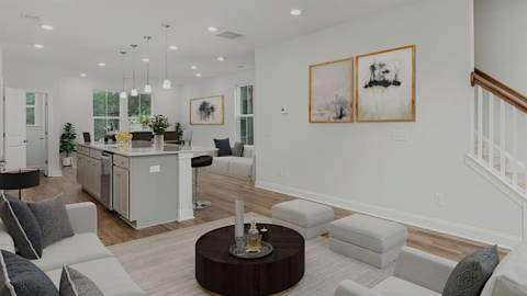 An image showing a townhome development with many rows and white interiors and modern kitchens near Atlanta's airport.