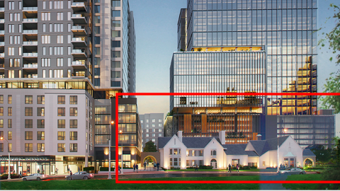 A rendering of two large glassy buildings with a historic building at their feet, renovated with a red rectangle around them.