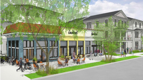 A rendering showing a row of new white housing and a commercial building with shops on the corner under blue skies.