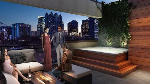 A rendering of a fancy townhome with a city in the distance under blue purple skies in Atlanta. 
