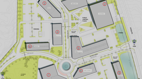 An image showing the site for a large mixed-use campus south of downtown Atlanta with retails, parks, and much surface parking.