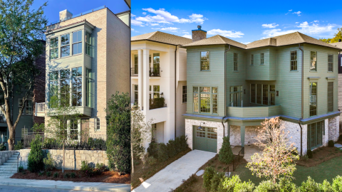 A photo of a community of large homes with brick, green, and blue facades under blue skies in Atlanta with white modern interiors, all luxury. 