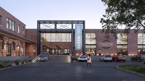 A rendering of a modernized brick building under blue purple skies in Atlanta. 