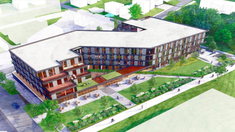 A rendering of a large new Z-shaped building near trees and streets and the Atlanta BeltLine. 