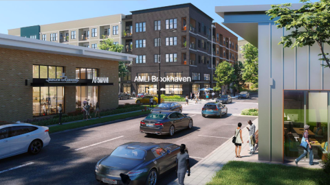 A image of a site for a new living and shopping district with shops in the middle next to a wide interstate on the north side of Atlanta.