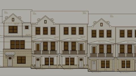 A rendering showing a townhome development with four levels and a courtyard near wide streets south of downtown Atlanta.