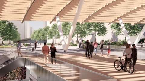 A rendering of a train station in downtown Atlanta with a new canopy and open areas.
