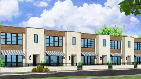 A site shown near Athens Georgia where a row of townhomes is planned to be built with white facades and awnings.