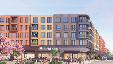 A rendering of a large new mixed-use project in West End Atlanta with many shops and apartments above, on a wide street. 