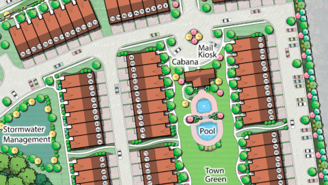 An image showing the location of a large townhome development with red roofs and a town green in the center. 