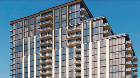 A rendering of a large glassy building against blue skies with many balconies. 