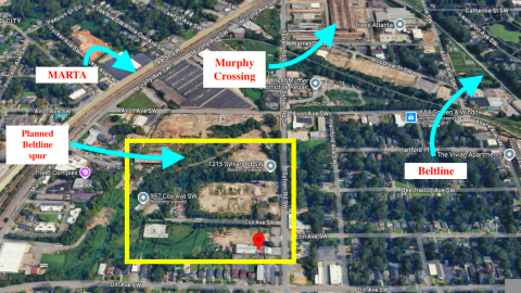 A map of a huge area in southwest Atlanta surrounded by trees where a large mixed-use development is proposed.
