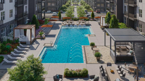 A rendering of a large new apartment complex surrounded by many trees and wide streets in Atlanta's suburbs, with modern interiors. 